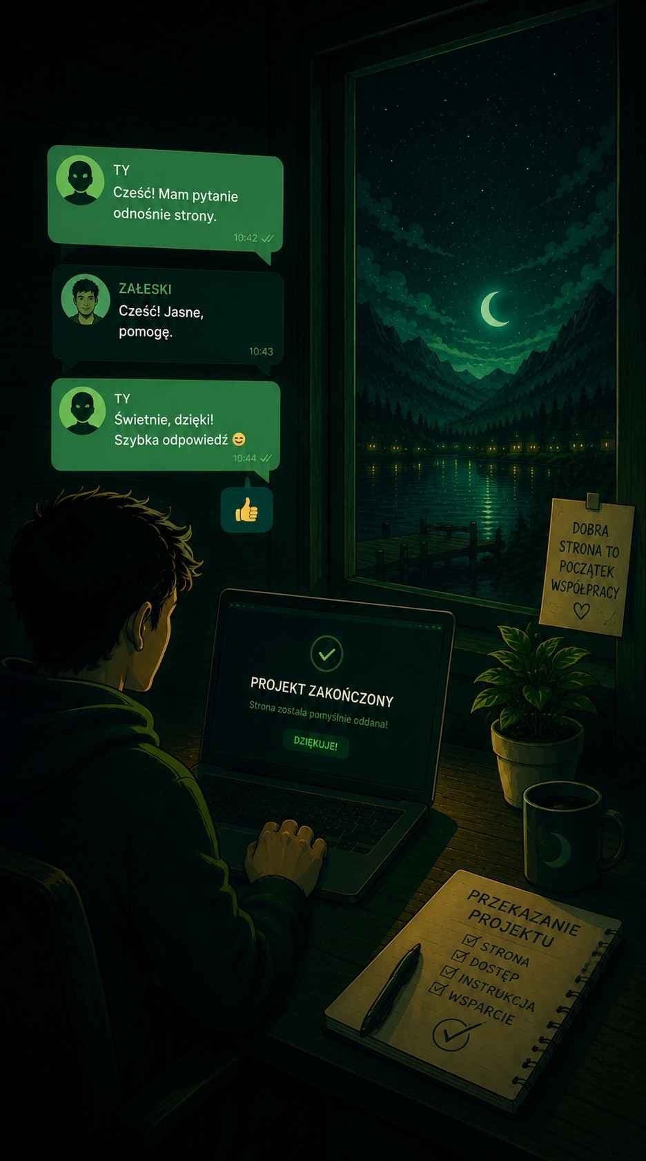 Ilustracja: klient nocą przy laptopie z ekranem „projekt zakończony” i wątkiem wiadomości z szybką odpowiedzią oraz listą przekazania projektu — kontakt i wsparcie po oddaniu strony.
