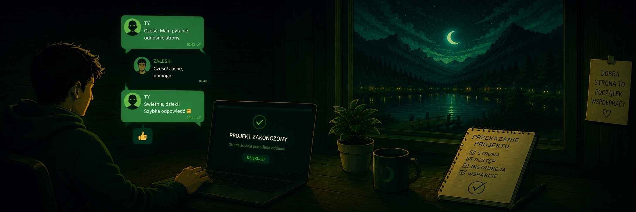 Ilustracja: klient nocą przy laptopie z ekranem „projekt zakończony” i wątkiem wiadomości z szybką odpowiedzią oraz listą przekazania projektu — kontakt i wsparcie po oddaniu strony.