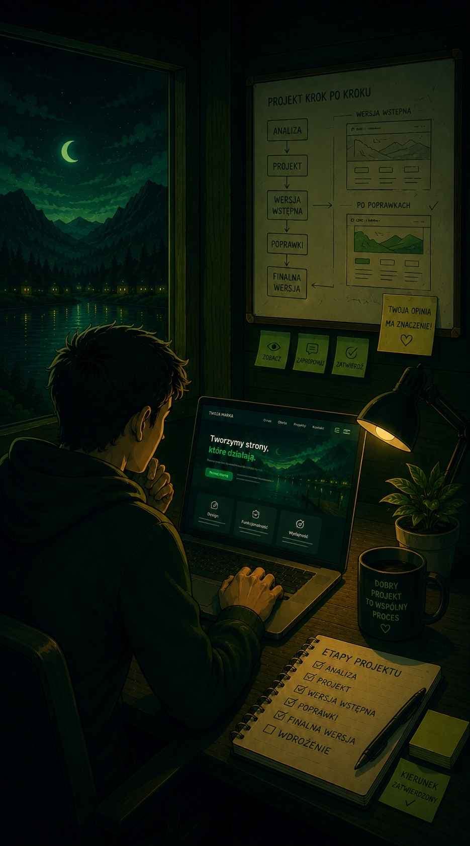Ilustracja: klient nocą przy laptopie ogląda gotową stronę obok diagramu „projekt krok po kroku” z wersją wstępną i wersją po poprawkach — praca etapami z akceptacją kierunku.
